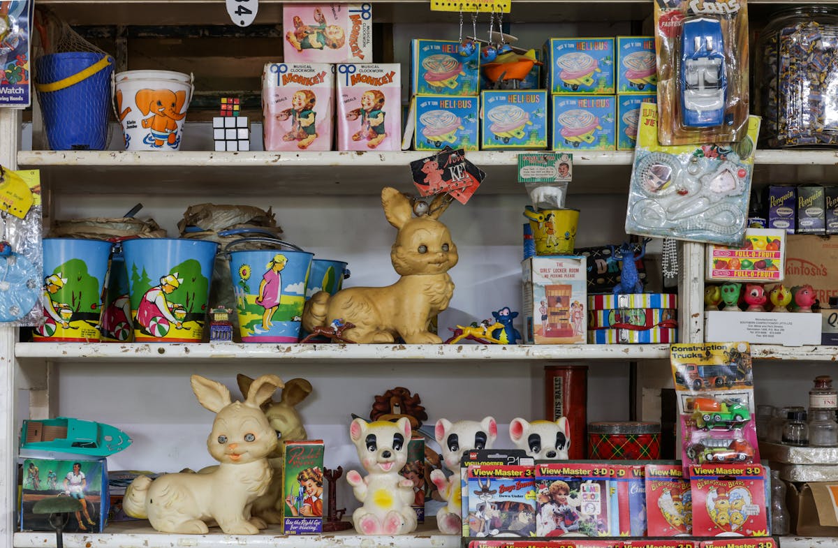 Toy shop display showing labeled merchandise — always inspect tags when buying